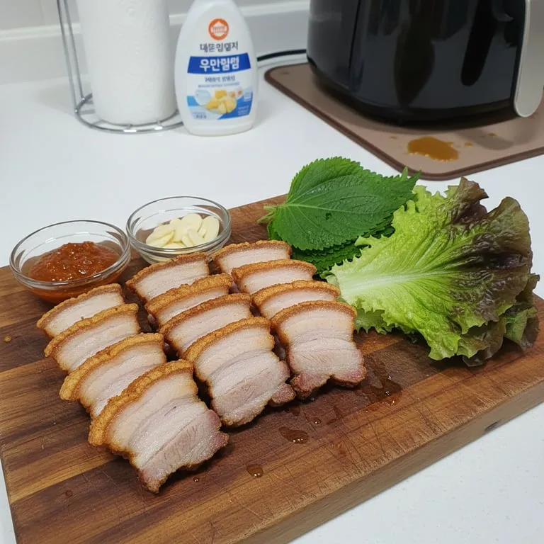 집밥 메뉴 고민 해결, 에어프라이어 삼겹살 구이 겉바속촉 굽는 시간과 기름 튀지 않게 뒤처리하는 살림 꿀팁